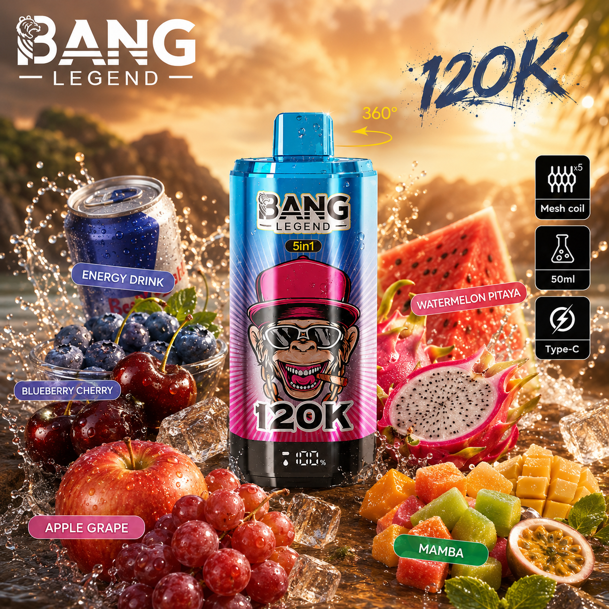 Energeťák + Borůvka + Jablko + Meloun + Mamba | Bang Legend vape 120 000 potahů