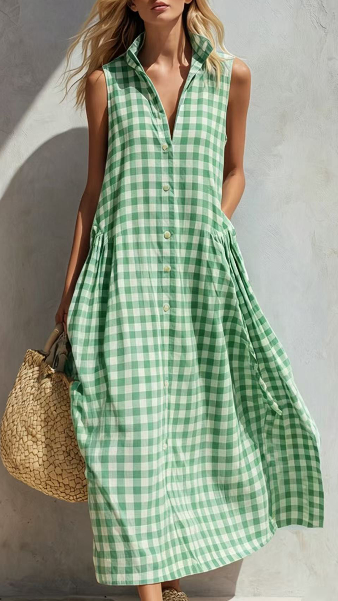 Women's Cotton-Blend Blue and White Gingham Sleeveless Shirt Maxi Dress - Nordfashionstorm - Women's Clothing, Fashion for You - Nordfashionstorm.com