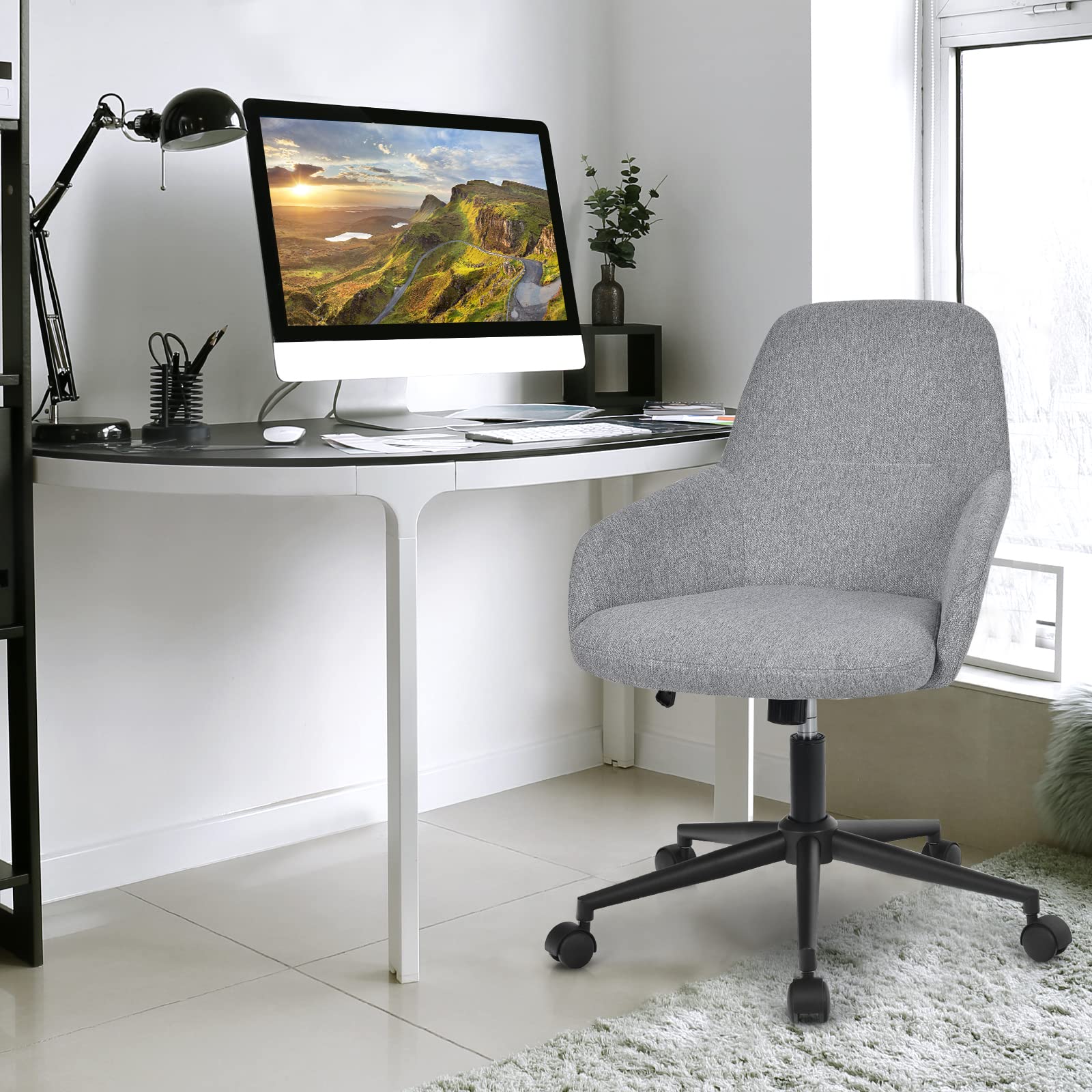 BEFOUNDLOVELY Fabric Office Chair, Upholstered Linen Leisure Chair, Ergonomic Desk Chair w/Rocking Backrest