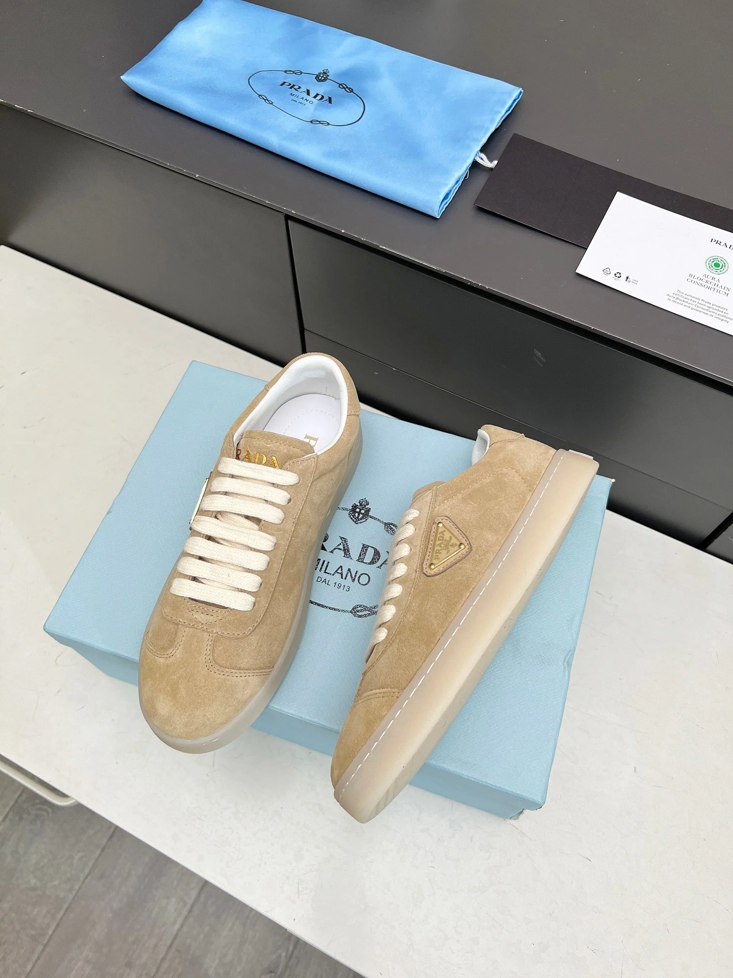 Prada Unisex Sneakers Triangle Logo Luxury Fashion Sneakers - Sneaker Replica Workshop