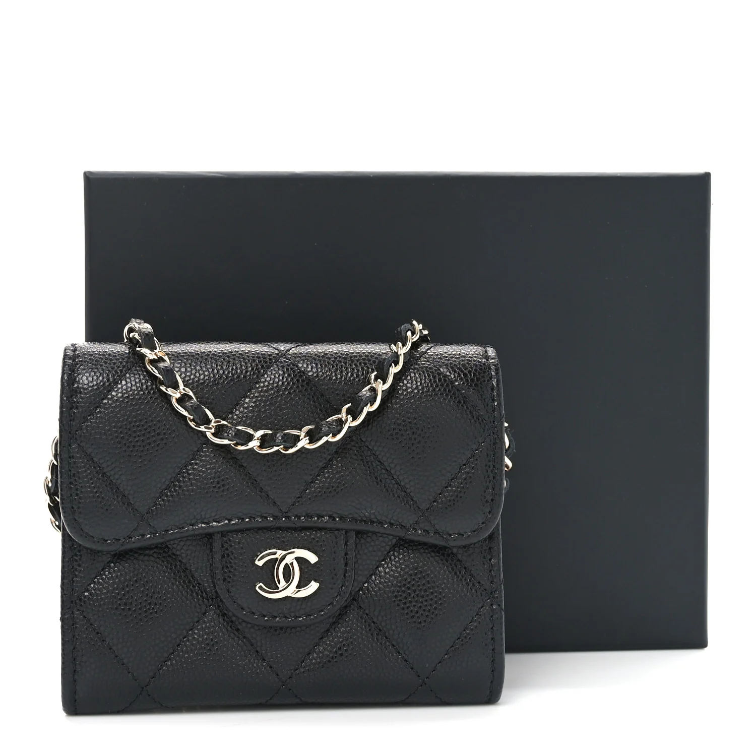 Caviar Quilted Flap Card Holder On Chain Black - Top Club