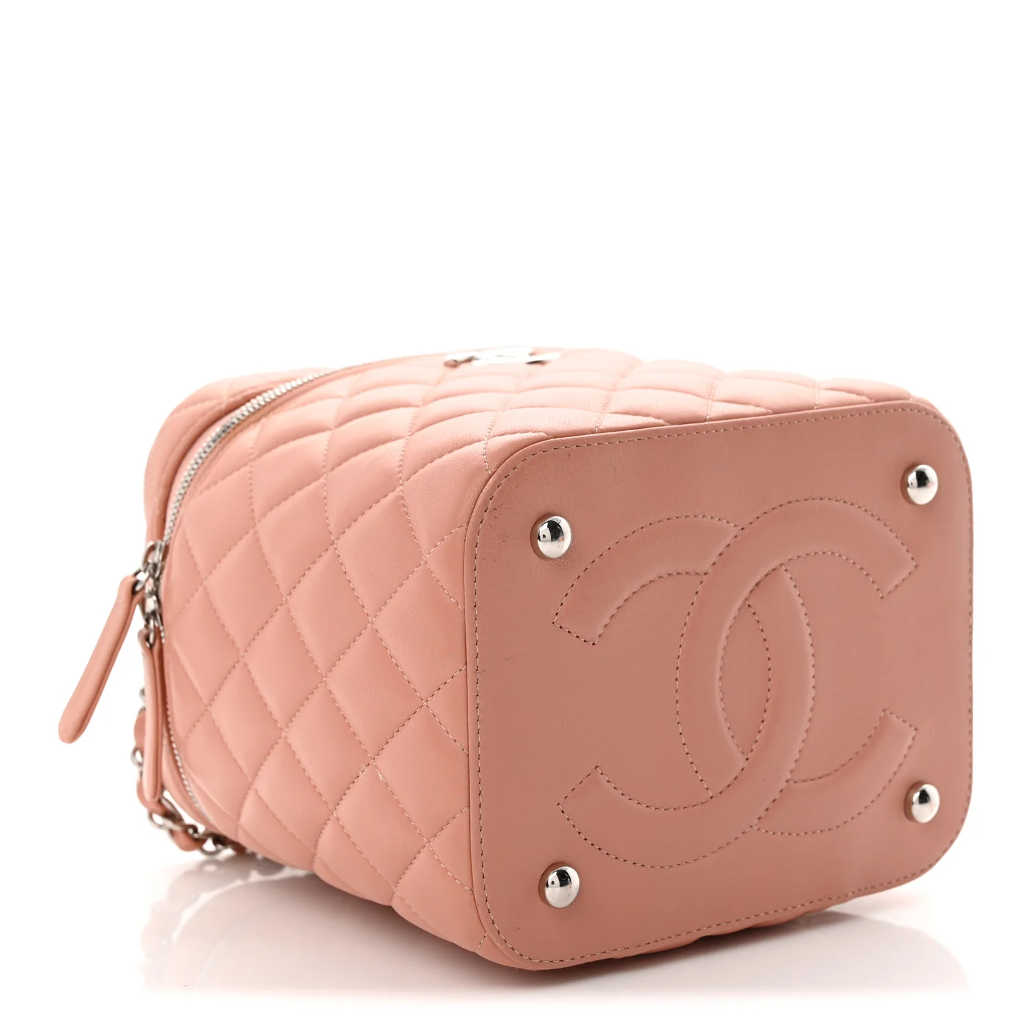 Lambskin Quilted Top Handle Vanity Case With Chain Light Pink - Top Club