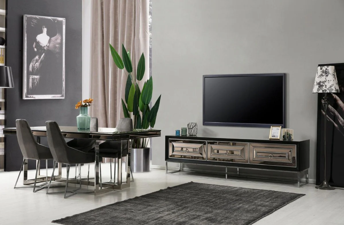 Luxury Dining Room Set Black / Gray / Silver - 1 Dining Room Table & 6 Dining Chairs - Luxury Dining Room Furniture