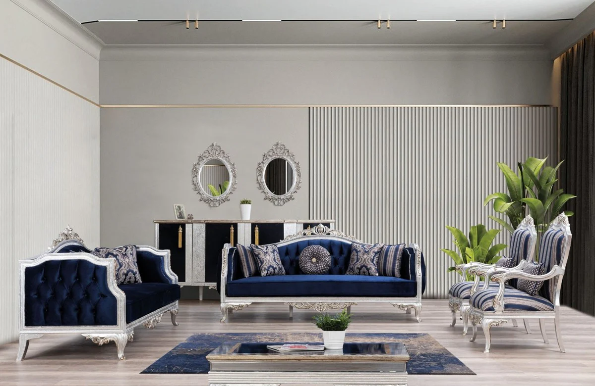 Luxury Baroque Sofa Blue / Silver / Gold 228 x 90 x H. 110 cm - Living Room Sofa in Baroque Style - Baroque Furniture - Noble & Magnificent
