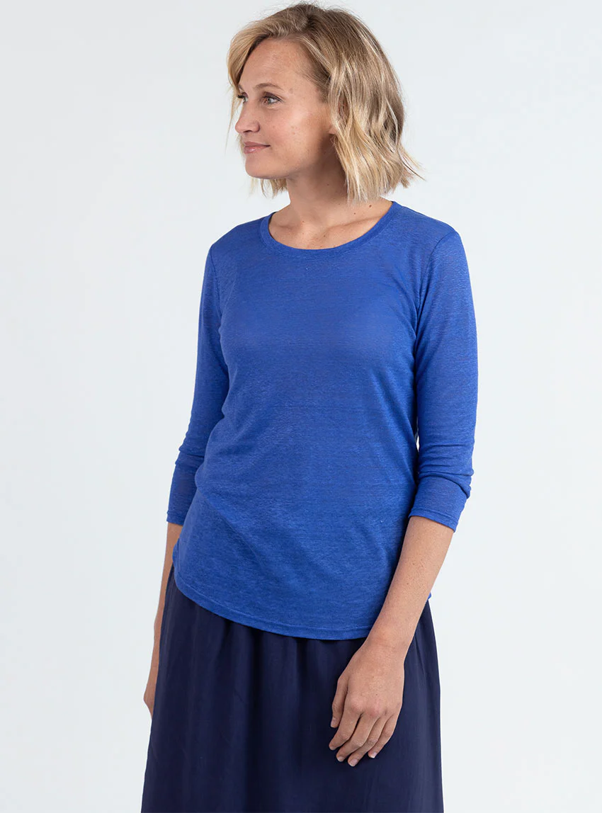 Tee-shirt femme en lin manches 3/4 bleu atlantique