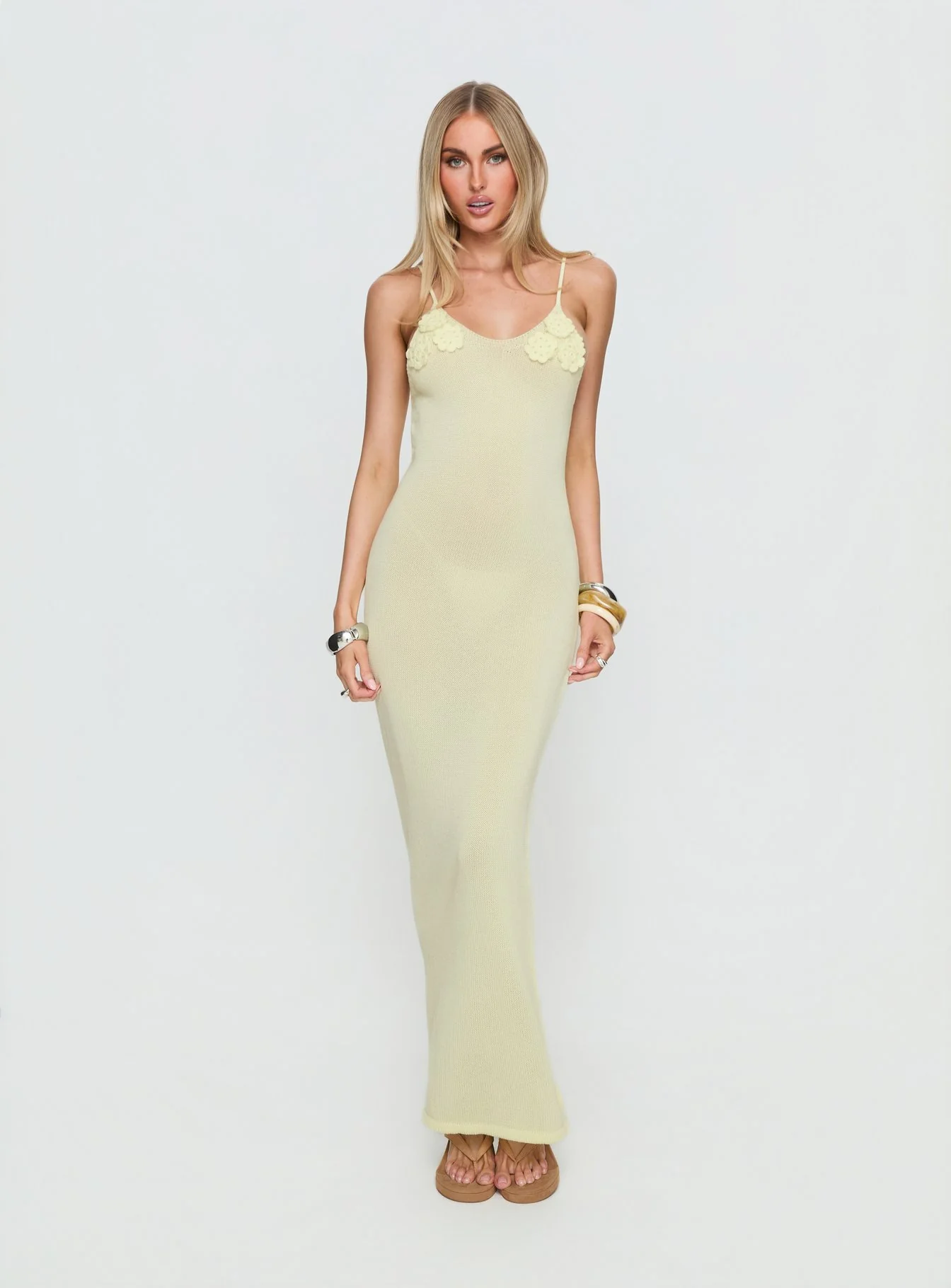 Cinderella Knit Floral Detail Maxi Dress Lemon Yellow