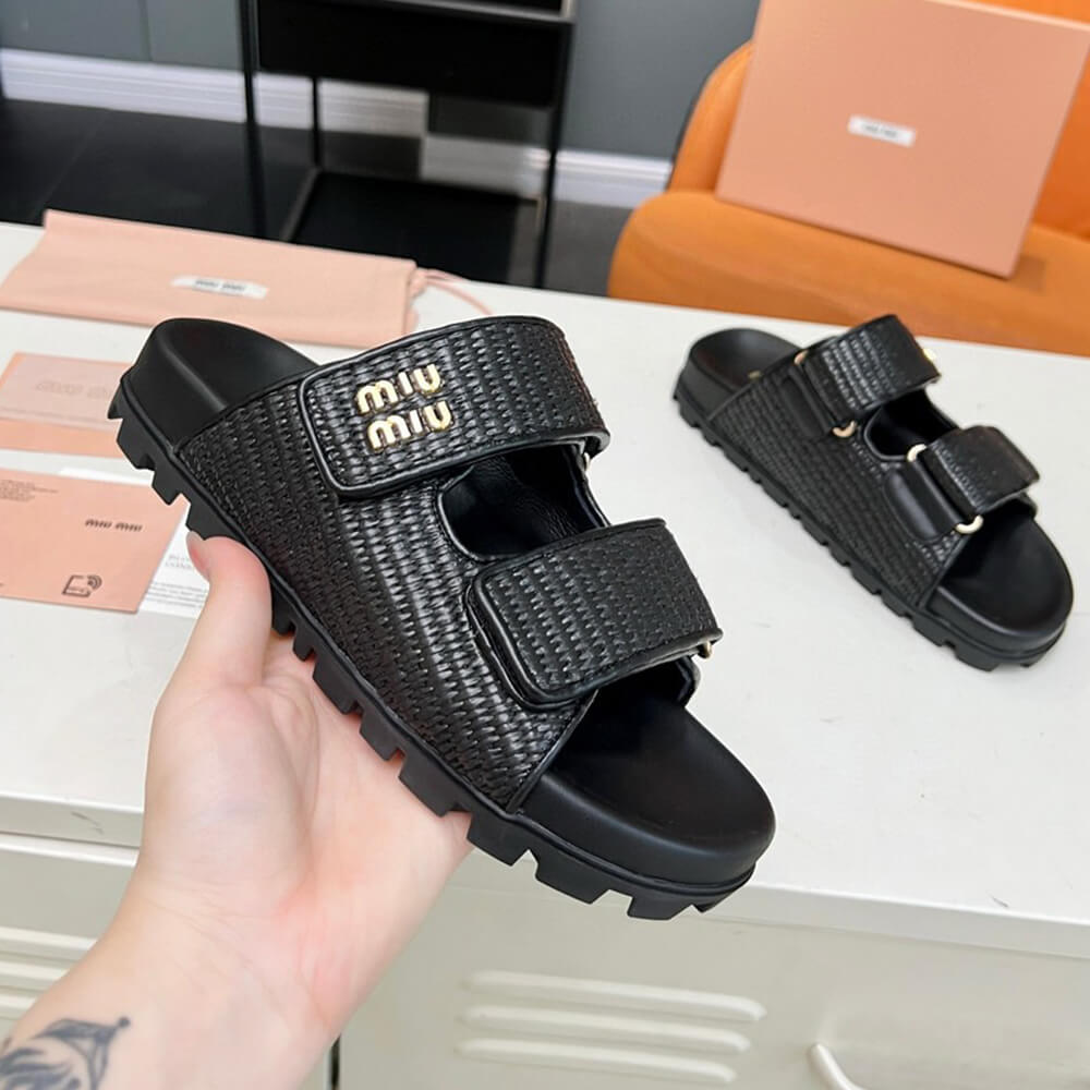 MiuMiu Raffia-effect woven fabric slides - Top Club