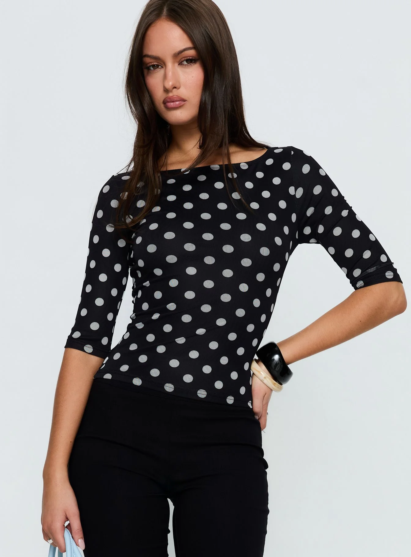 Venna 3/4 Sleeve Boat Neck Top Black / White Polka