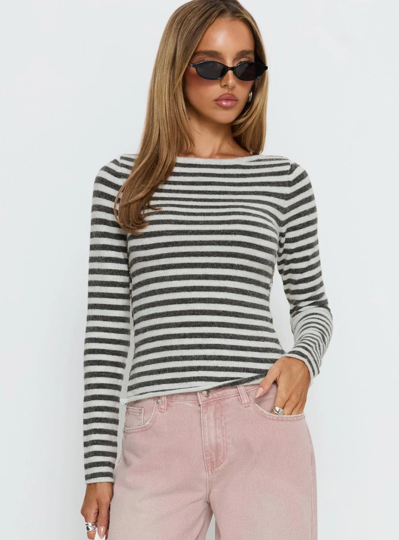 Annalyse Long Sleeve Button Detail Top Stripe