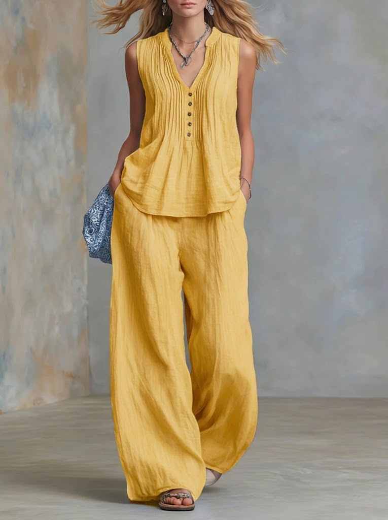 Plus Size Friendly Casual Linen And Cotton Pleated Sleeveless Top And Pants Two-piece Set - Nordfashionstorm - Women's Clothing, Fashion for You - Nordfashionstorm.com