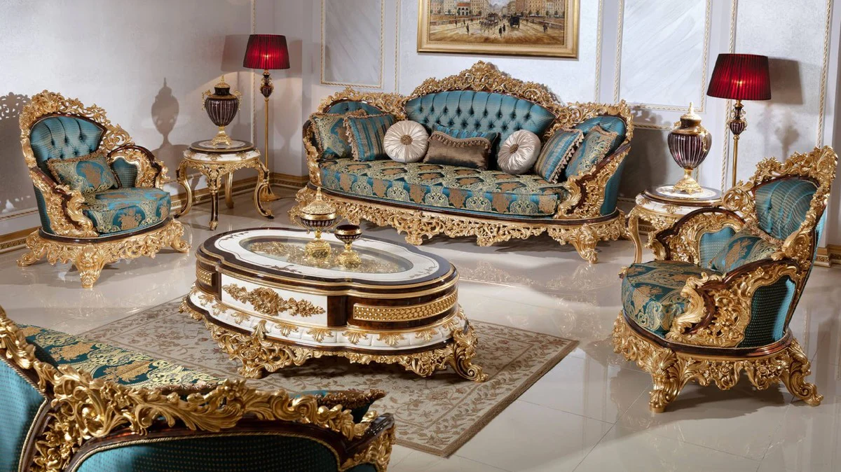 Luxury Baroque Living Room Set Blue / White / Brown / Gold - 2 Sofas & 2 Armchairs & 1 Coffee Table & 2 Side Tables - Handcrafted Living Room Furniture in Baroque Style - Noble & Magnificent