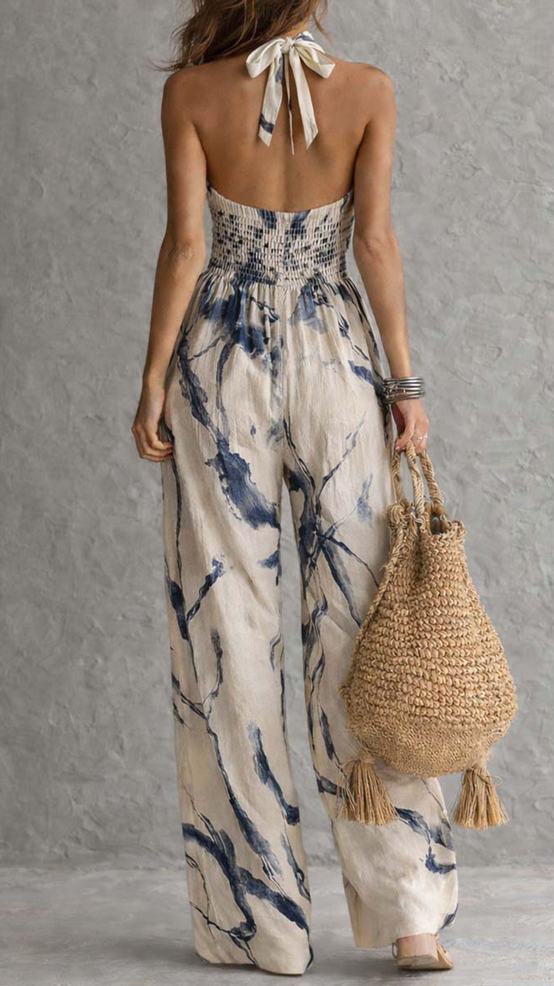 Women's Ink Print Halter Neck Wide-Leg Jumpsuit - Nordfashionstorm - Women's Clothing, Fashion for You - Nordfashionstorm.com