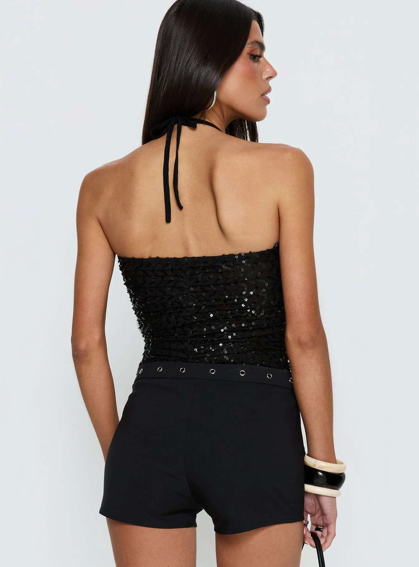 Edana Ruched Sequin Bodysuit Black