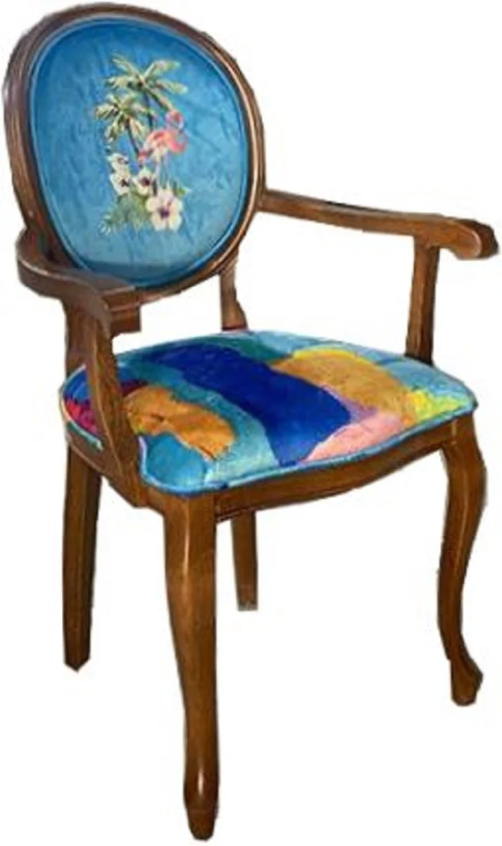 Baroque dining room chair blue / multicolored / brown - handmade antique style chair with armrests - dining room furniture in baroque style