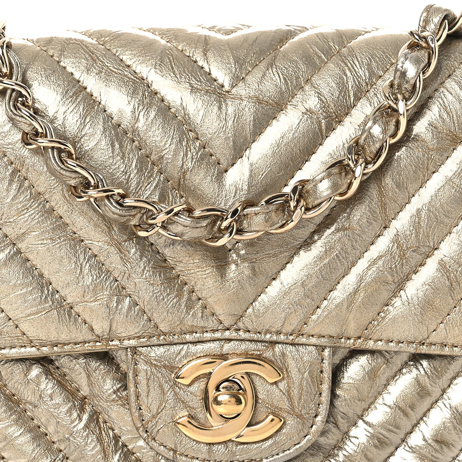 Metallic Crumpled Calfskin Chevron Quilted Mini Square Flap Gold - Top Club