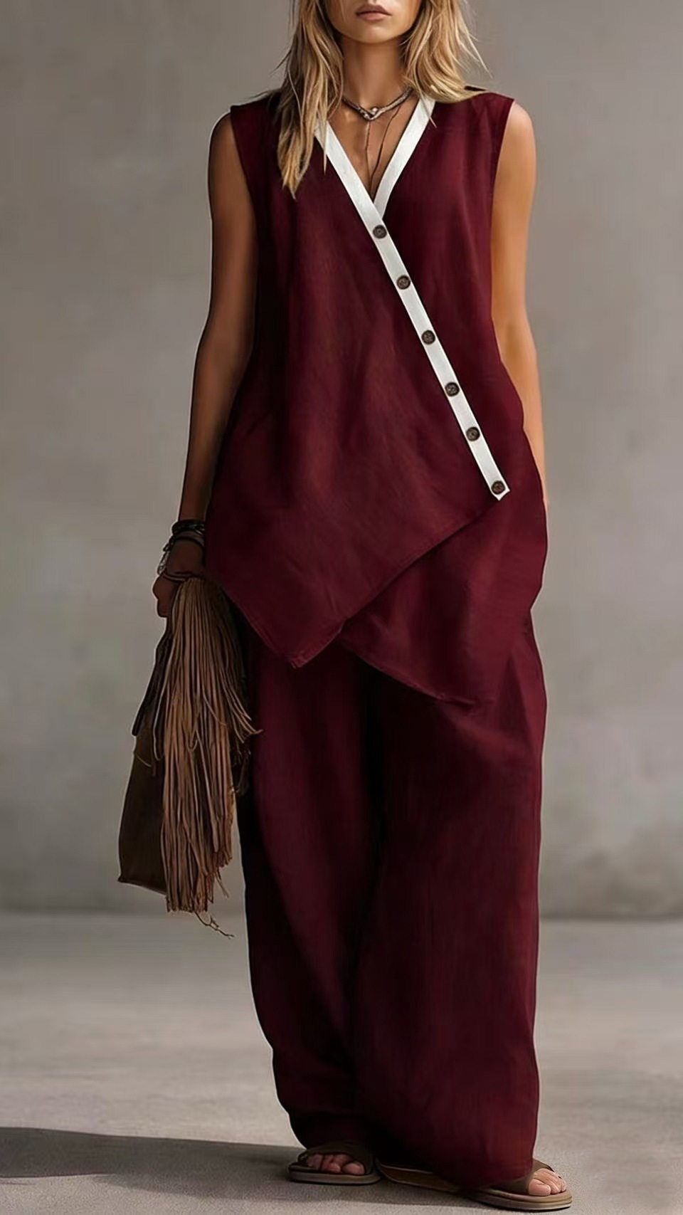 Women's V-Neck Sleeveless Wide-Leg Pants Two-Piece Set with Asymmetrical Buttons - Nordfashionstorm - Women's Clothing, Fashion for You - Nordfashionstorm.com