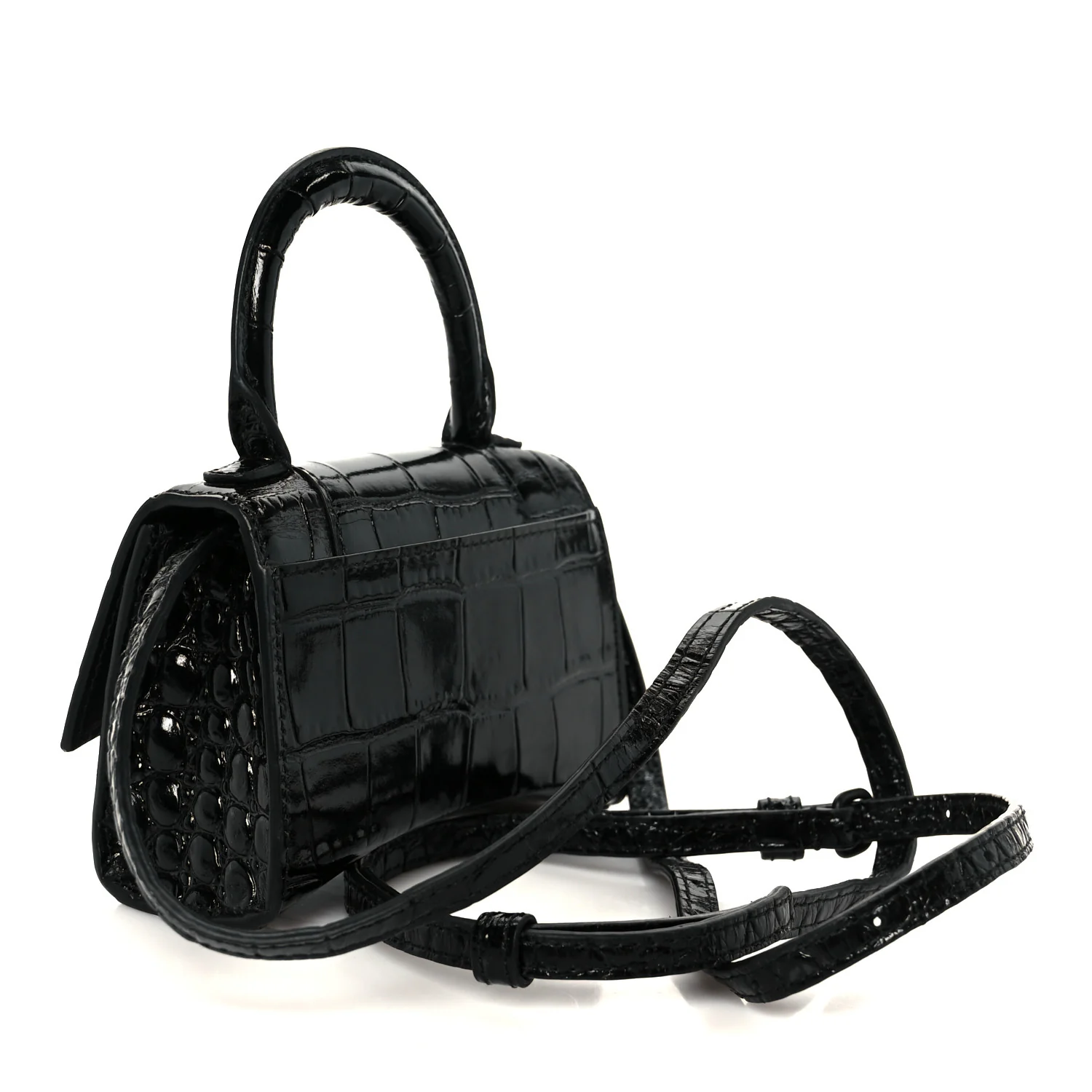 Shiny Calfskin Monochrome Crocodile Embossed Hourglass Top Handle Bag Mini Black - Top Club