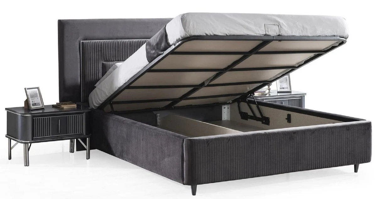 Luxury Bedroom Set Gray / Silver - 1 Double Bed with Headboard & 2 Bedside Tables - Luxury Bedroom Furniture
