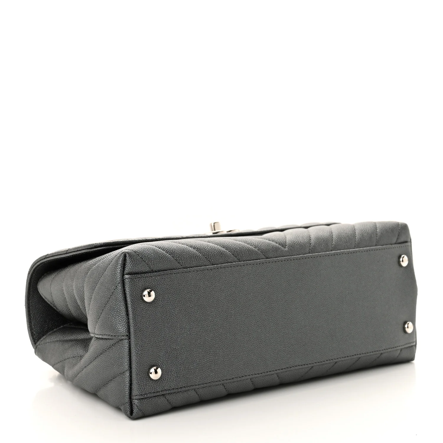 Metallic Caviar Chevron Quilted Small Coco Handle Flap Dark Silver - Top Club