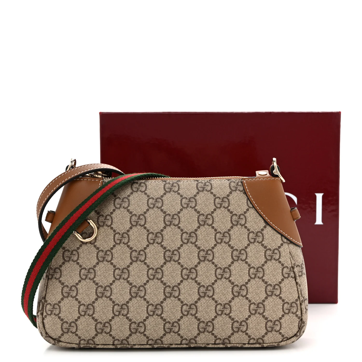 GG Supreme Monogram Textured Calfskin Small Emblem Shoulder Bag Beige Dark Brown - Top Club