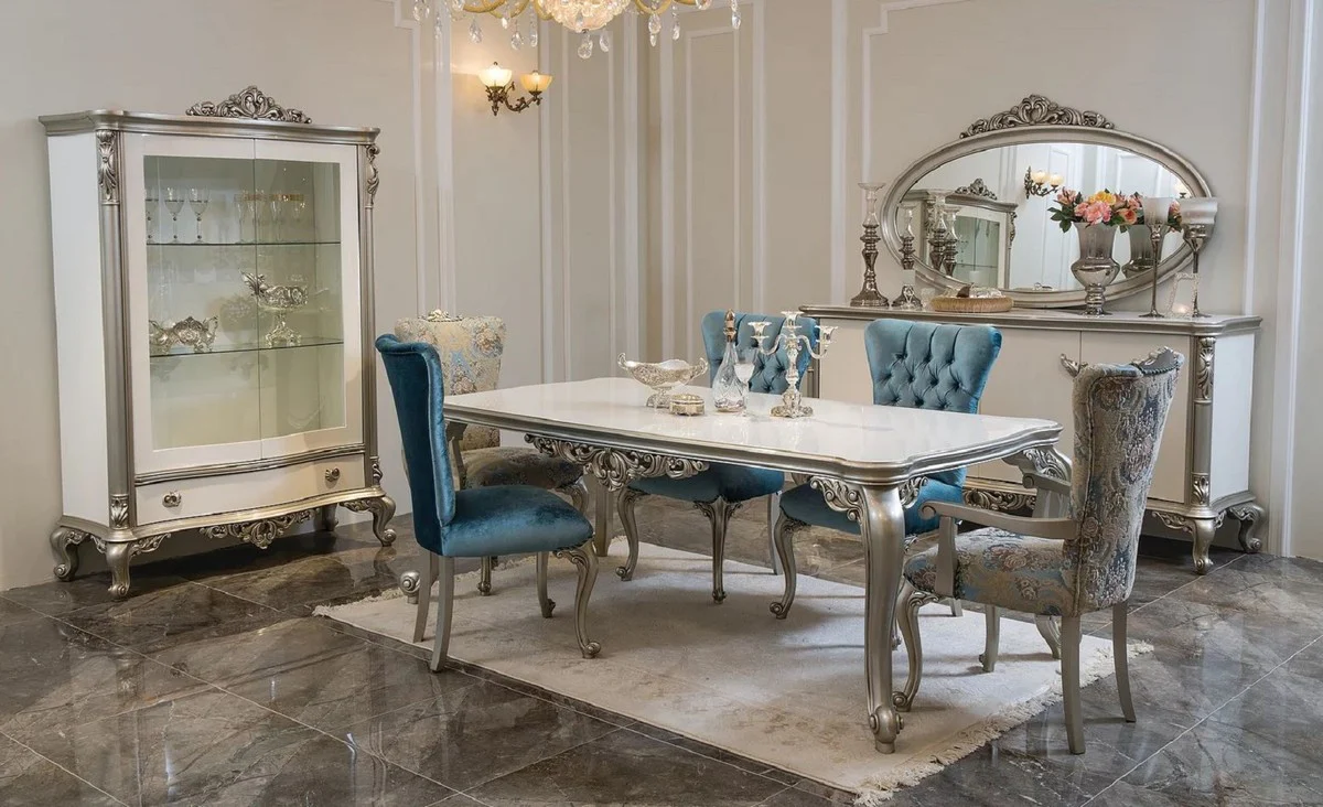 Luxury baroque dining table white / silver - solid wood kitchen table in baroque style - baroque dining room furniture