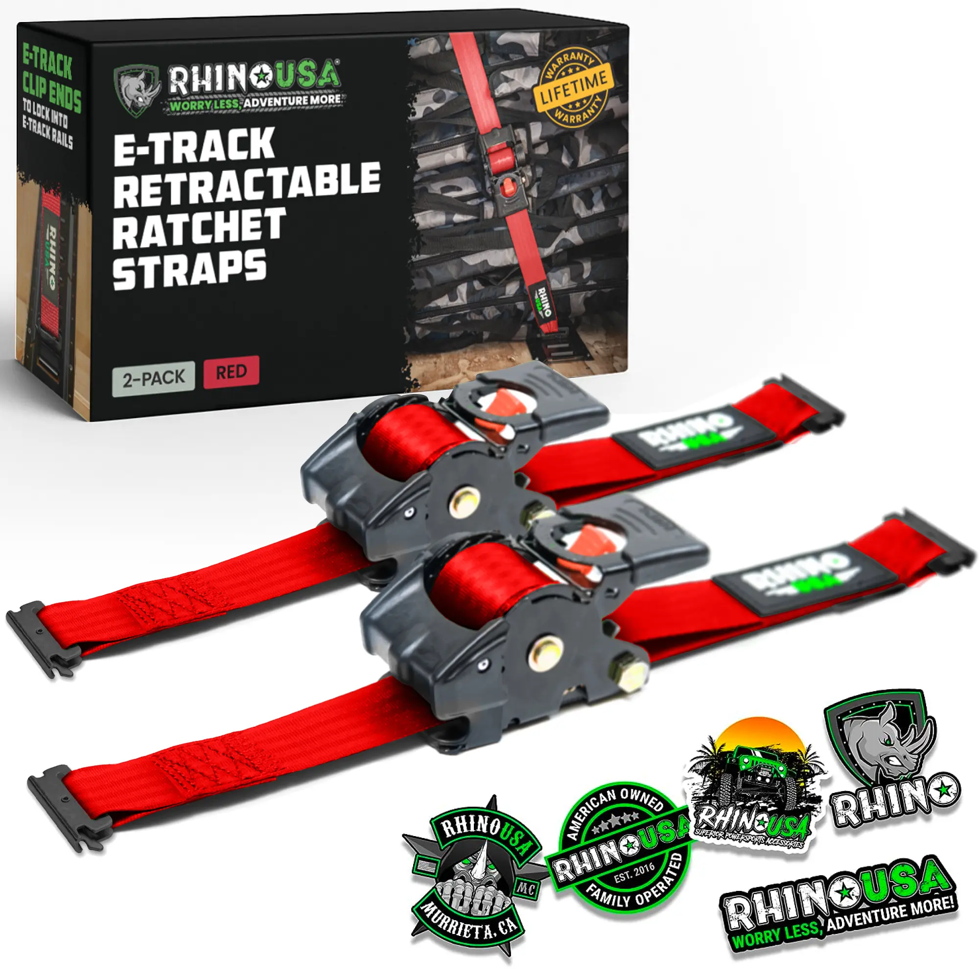 Rhino USA 2”x10’ Retractable E-Track Ratchet Straps: 3033lb Max Break Strength Compatible with E Track Rail Systems only