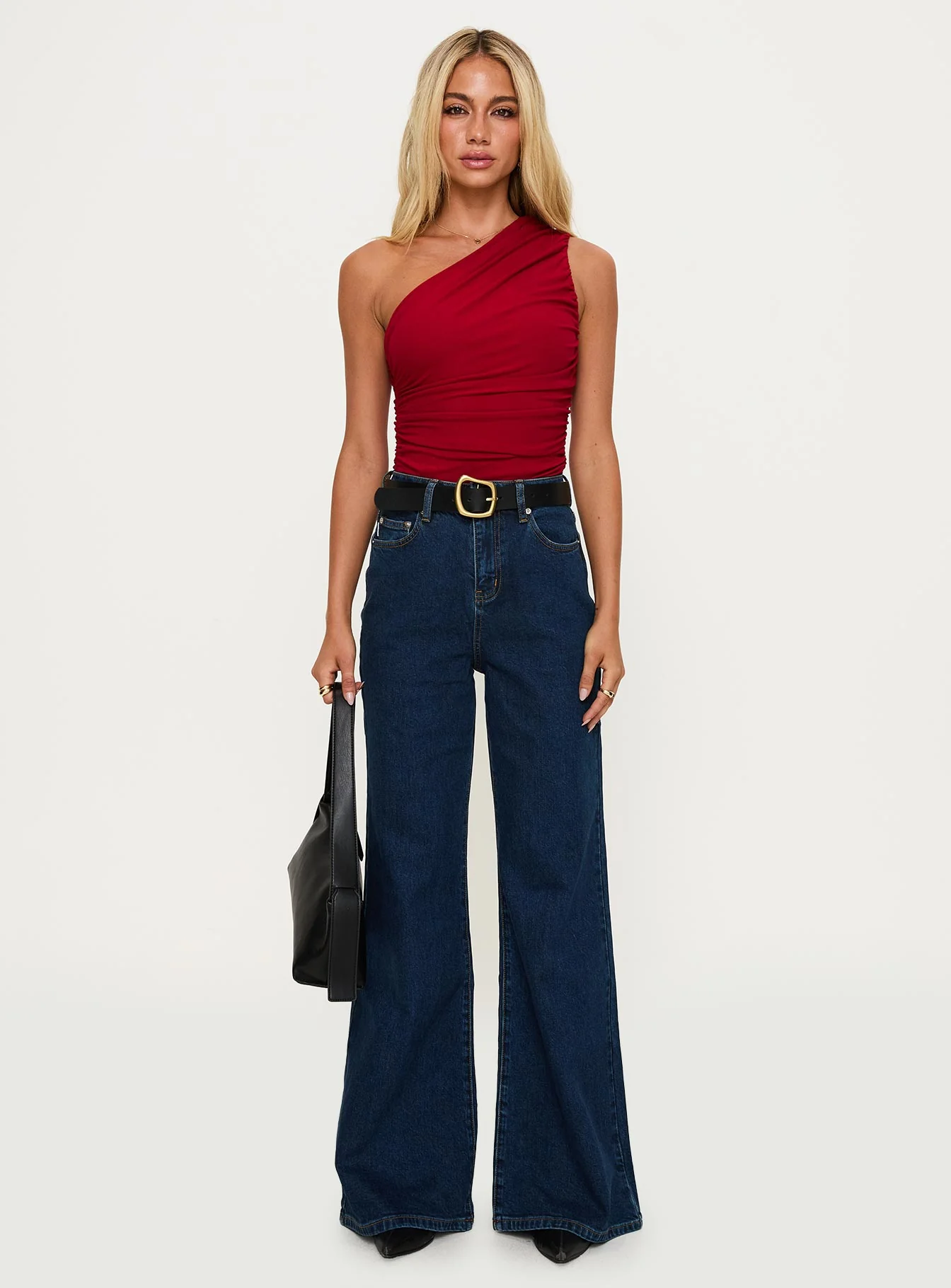 Heston Asymmetrical Ruched Bodysuit Red