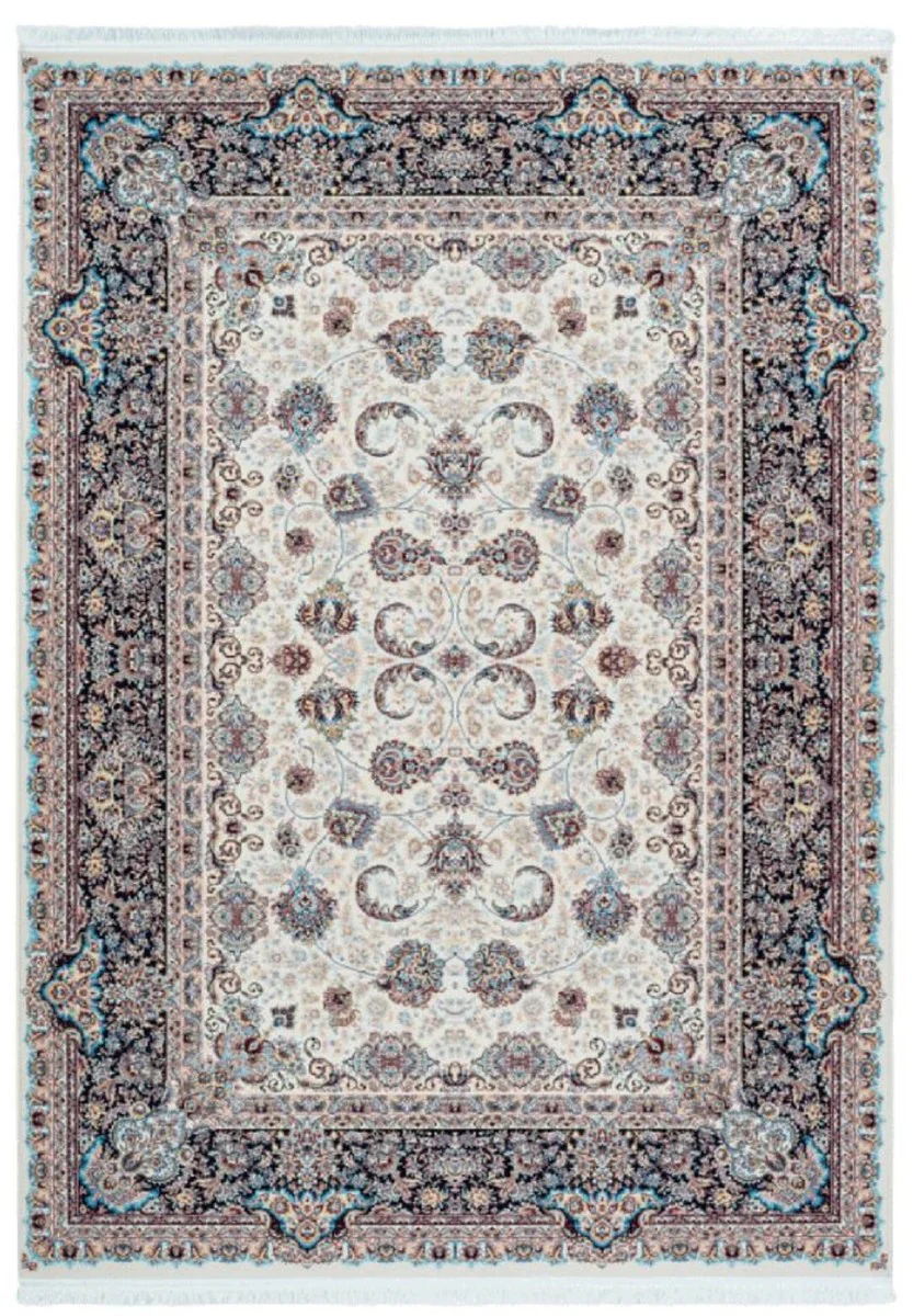 Luxury synthetic fiber rug with fringes ivory - various sizes - rectangular living room rug in oriental style