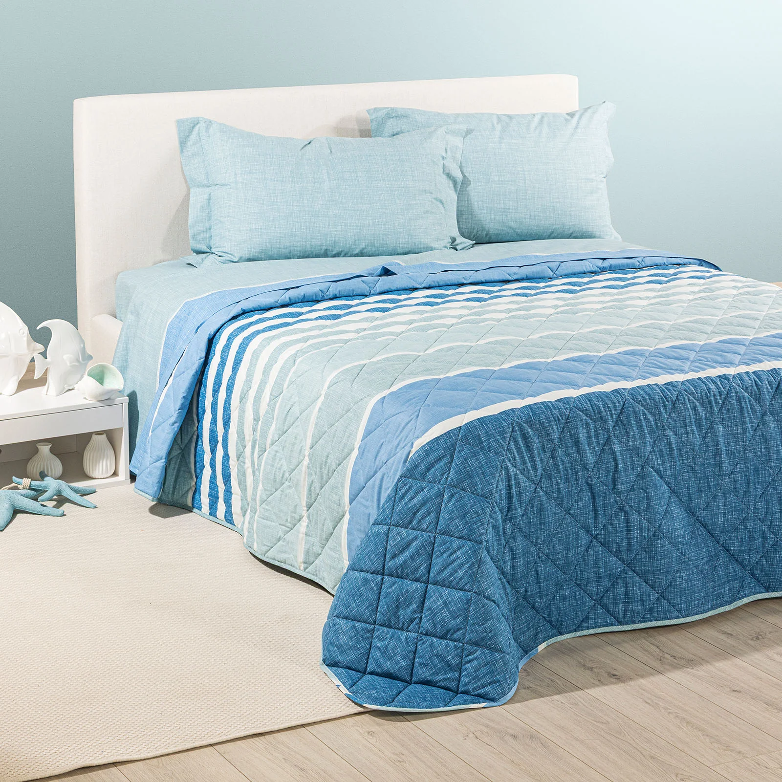 Copriletto Trapuntato In Cotone River Matrimoniale Blu Caleffi