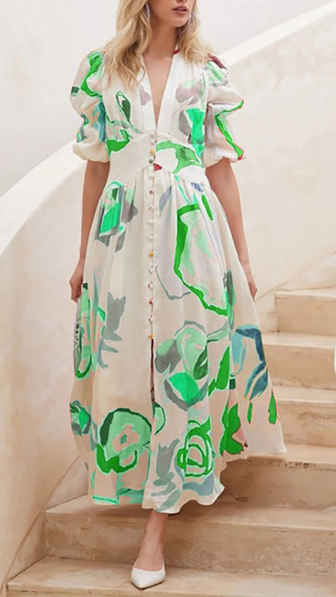 Women's Cotton-Blend Off-White Art Print V-Neck Puff Sleeve Dress - Nordfashionstorm - Women's Clothing, Fashion for You - Nordfashionstorm.com