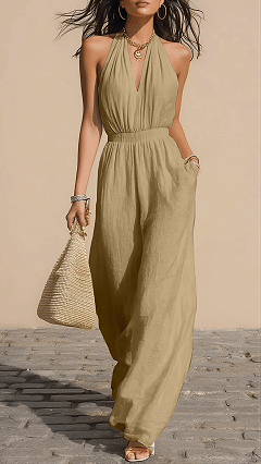Women's Halter-Neck V-Neck Slim-Fit Jumpsuit — Simple Solid-Color Wide-Leg Trousers - Nordfashionstorm - Women's Clothing, Fashion for You - Nordfashionstorm.com