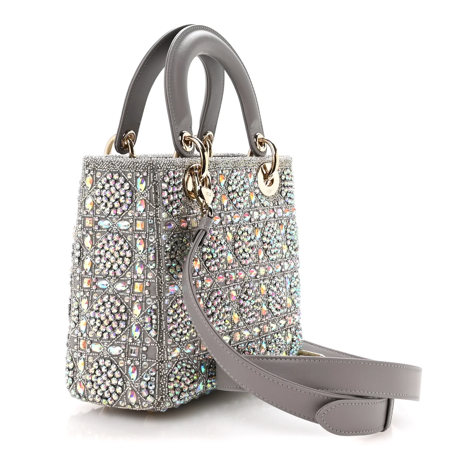 Calfskin Satin Celestial Bead Embroidery Embroidered Small Lady Dior Grey Multicolor - Top Club