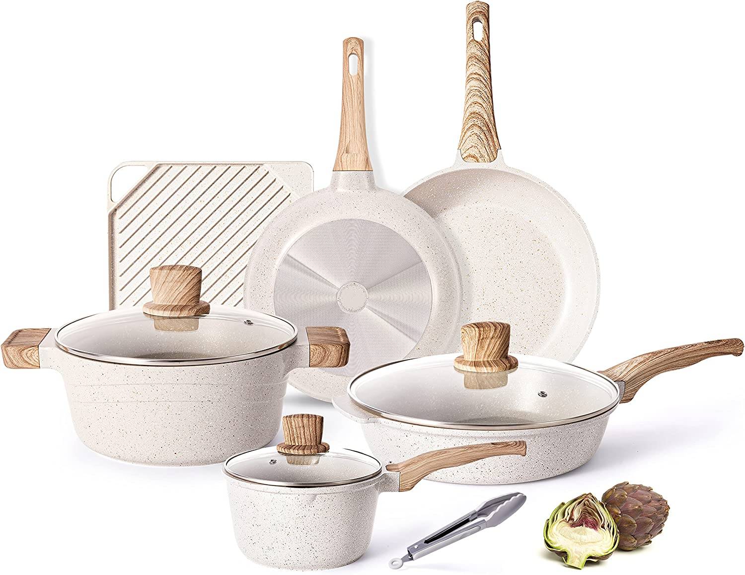 Pots and Pans Set - Caannasweis Kitchen Nonstick Cookware Sets Granite Frying Pans for Cooking Marble Stone Pan Sets Kitchen Utensils 11 Piece Set Beige