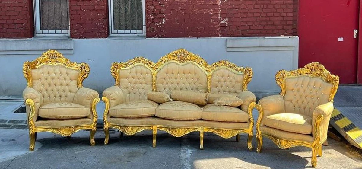 Baroque living room set beige pattern / gold - 1 baroque sofa & 2 baroque armchairs - living room furniture in baroque style - baroque furniture - baroque living room furnishings