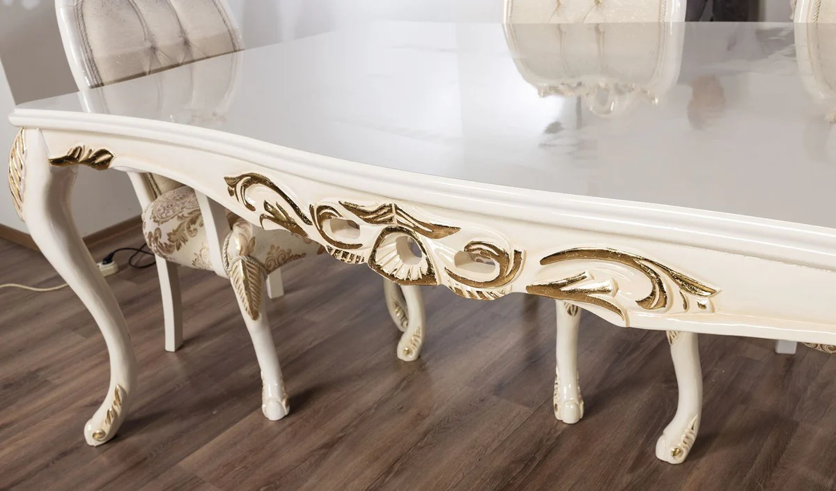 Luxury Baroque Dining Room Set White / Gold - 1 Baroque Dining Table & 6 Baroque Dining Chairs - Luxury Dining Room Furniture in Baroque Style - Magnificent Baroque Dining Room Furniture