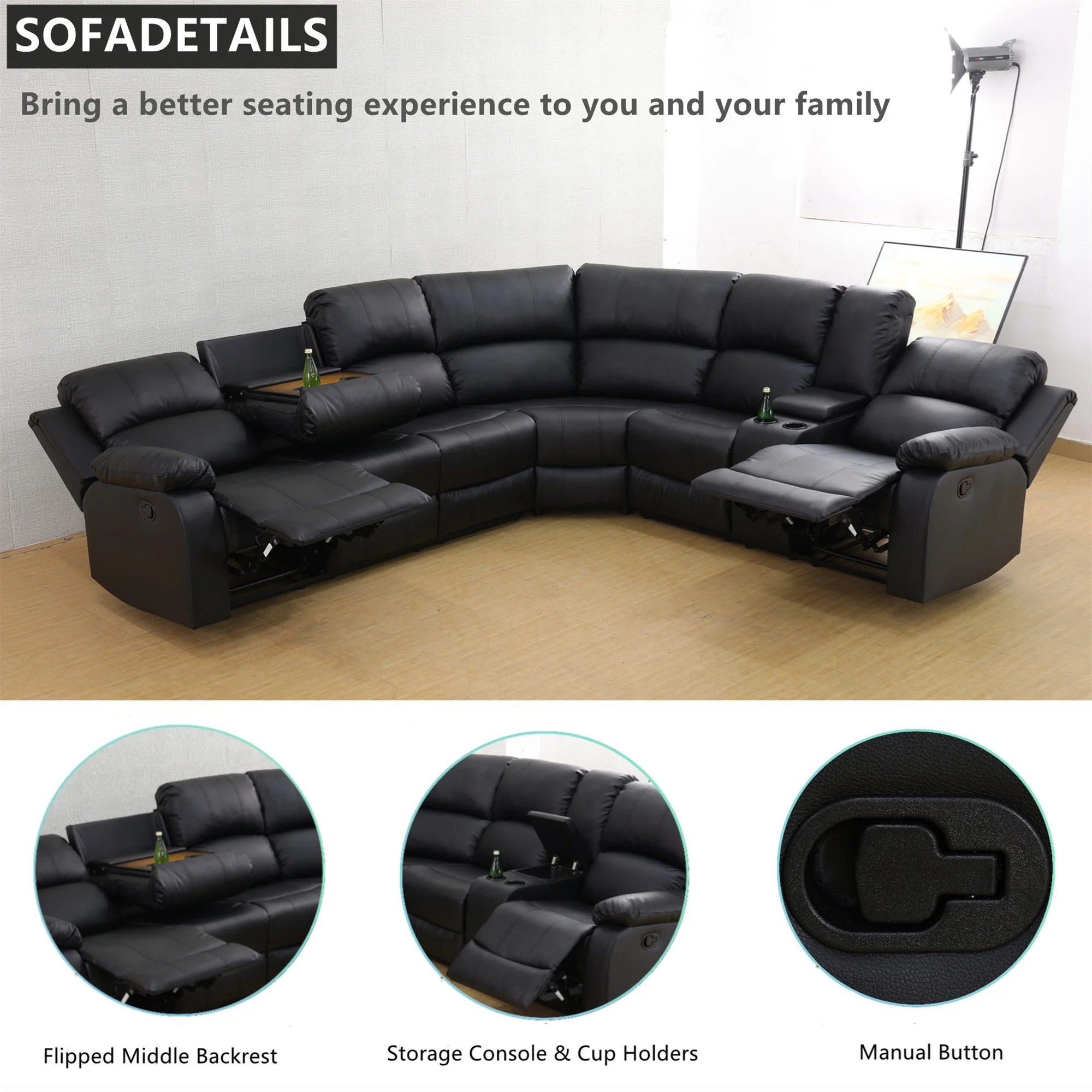 Aukfa 3 - Piece Recliner Sofa Set, 6 Seat Sectional Couch with Cup Holders&Storage Console, Gray