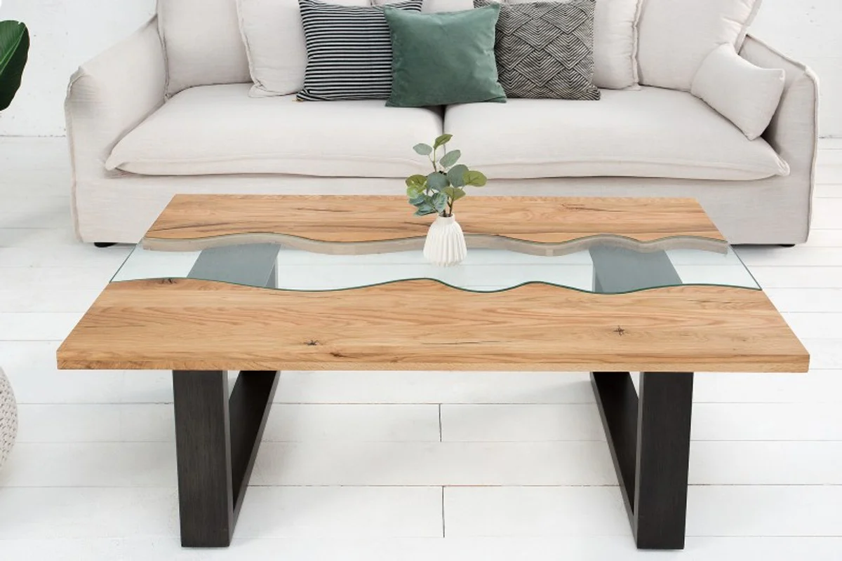 Designer solid wood wild oak coffee table with safety glass natural 115cm x H. 45cm - salon living room table