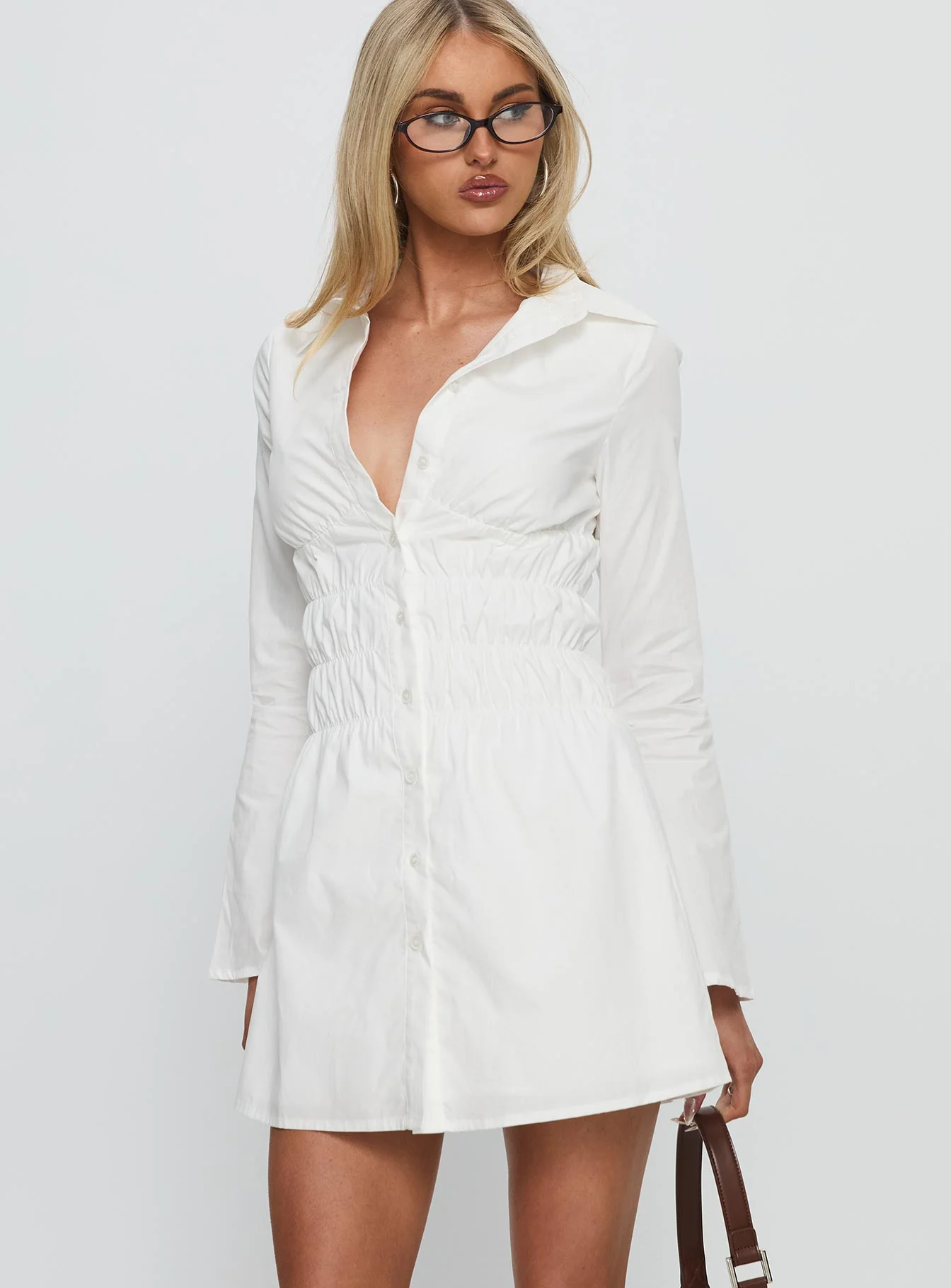 Stellaria Ruched Long Sleeve Mini Dress White
