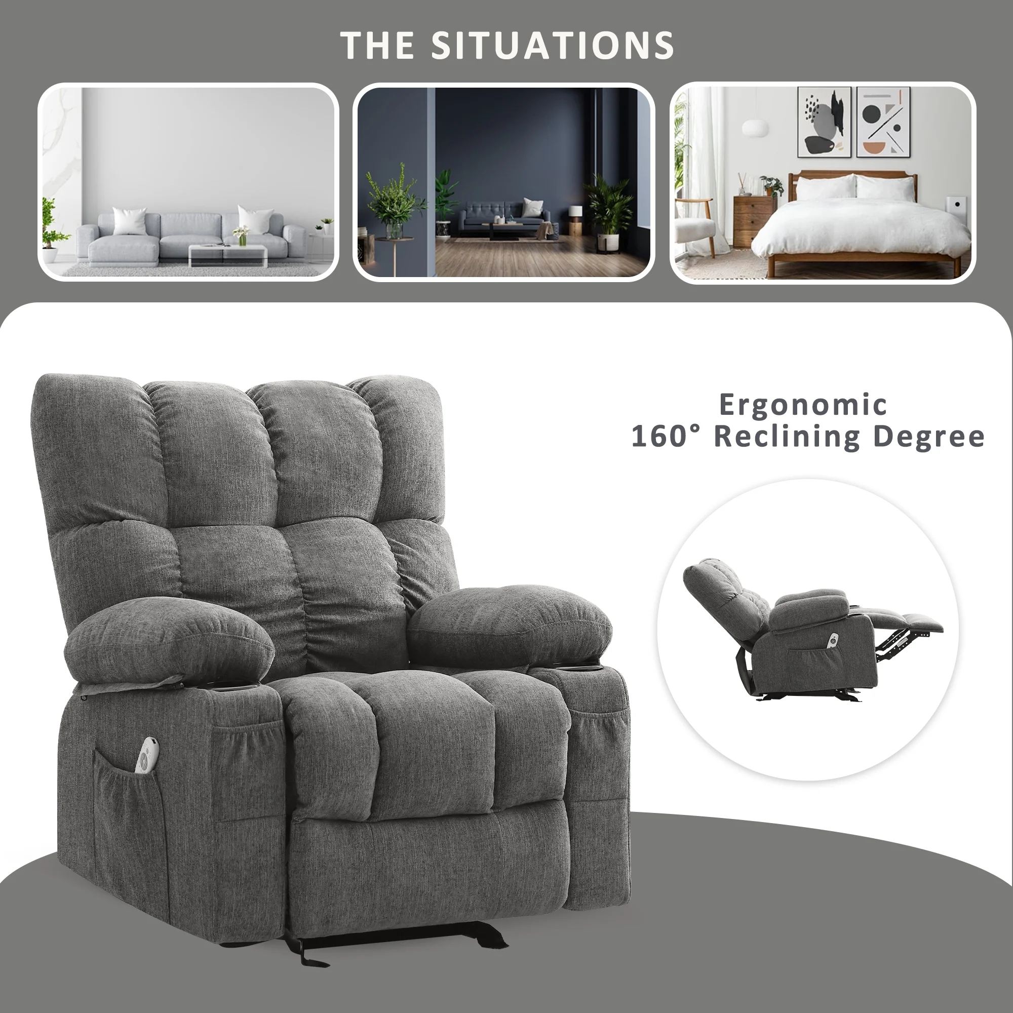 JONPONY Manual Recliner Chair with Heat Therapy and Massage Function, Heavy Duty Reclining Mechanism Massage Chair, Elderly Single Rocker Sofa with Cup Holders for Bedroom Home Theater, Grey