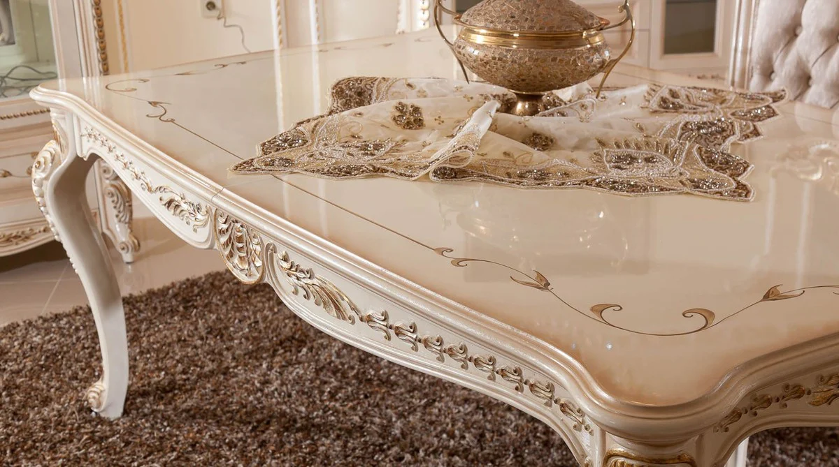 Luxury Baroque Dining Table White / Beige / Gold - Rectangular Baroque Style Kitchen Table - Luxury Dining Room Furniture in Baroque Style - Baroque Dining Room Furniture - Baroque Furnishings