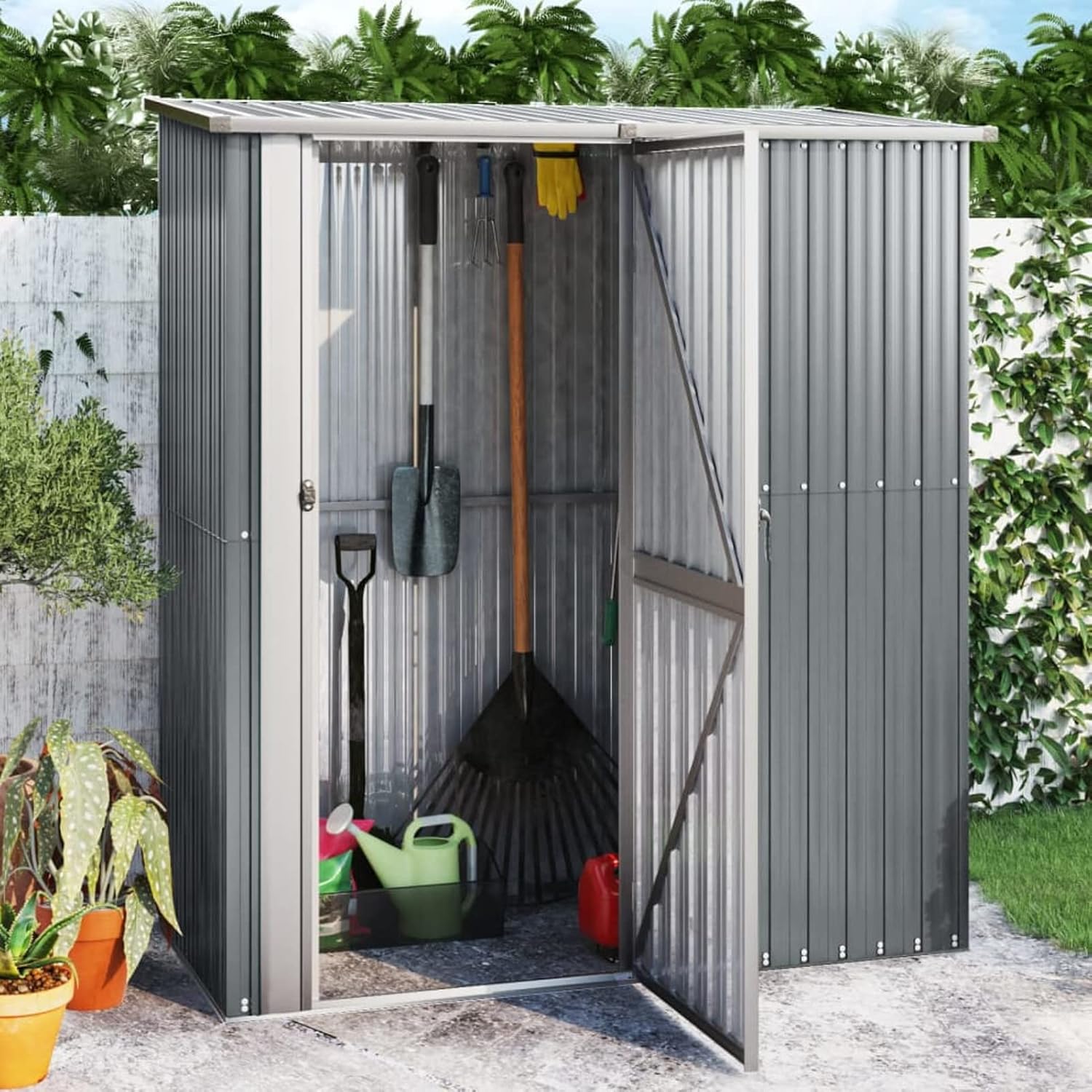 Gecheer Casetta da Giardino Grigio, 180,5x97x209,5 cm, Capanno Attrezzi Acciaio