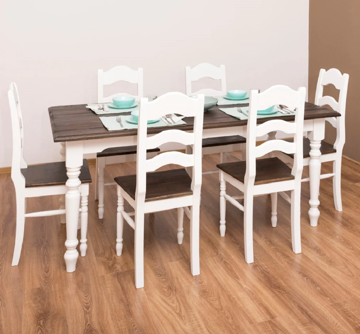 Country style dining room furniture set white / dark brown - 1 country style dining table & 6 country style dining room chairs - solid wood dining room furniture - country style dining room furniture