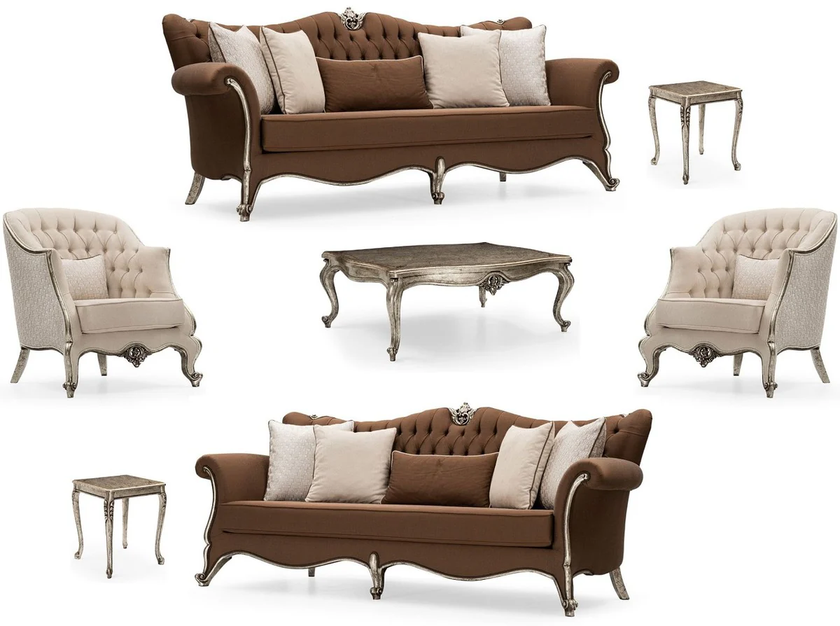 Luxury Baroque Living Room Set Brown / Cream / Antique Silver - 2 Sofas & 2 Armchairs & 1 Coffee Table & 2 Side Tables - Handcrafted Living Room Furniture in Baroque Style - Noble & Magnificent