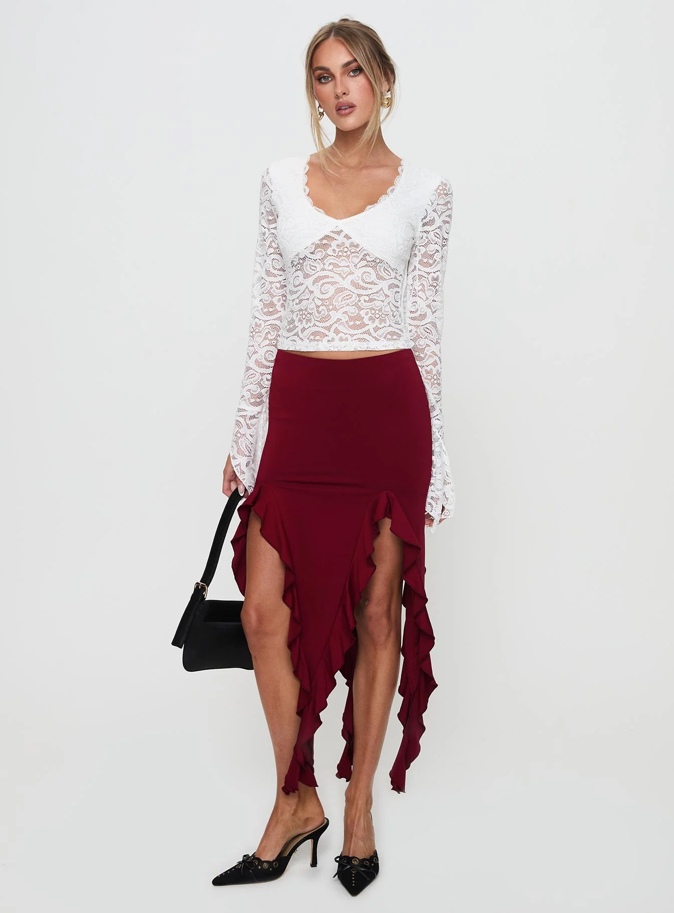 Peachey Asymmetric Ruffle Midi Skirt Burgundy