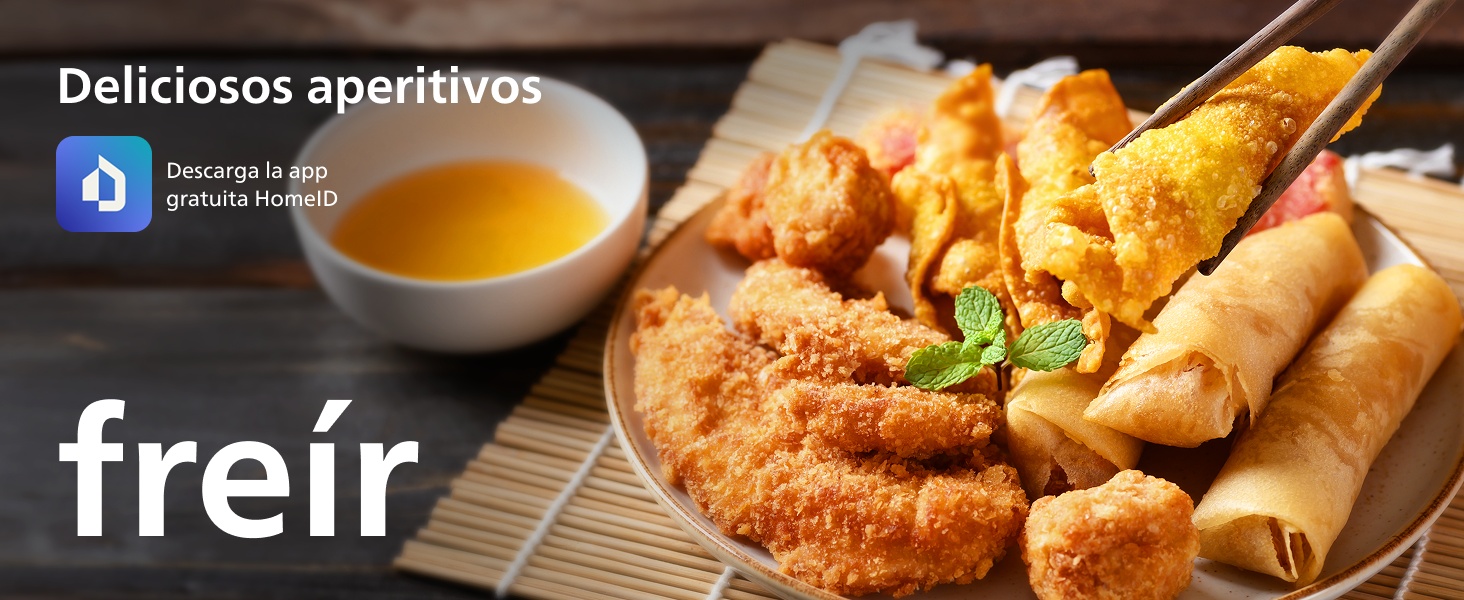 El texto dice «Treir» y «Deliciosos aperitivos». Imágenes en primer plano de aperitivos o aperitivos fritos dorados.