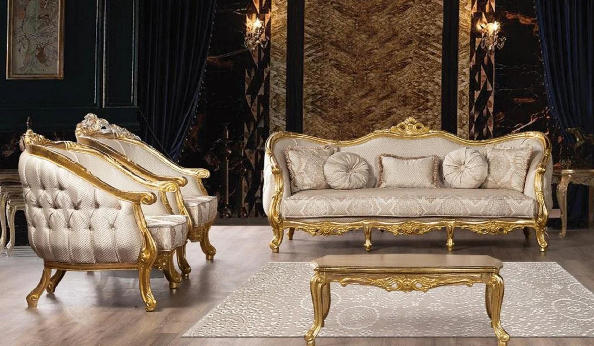 Luxury Baroque living room set beige / gold - 2 Baroque sofas with pattern & 2 Baroque armchairs with pattern & 1 Baroque coffee table - Magnificent Baroque living room furniture