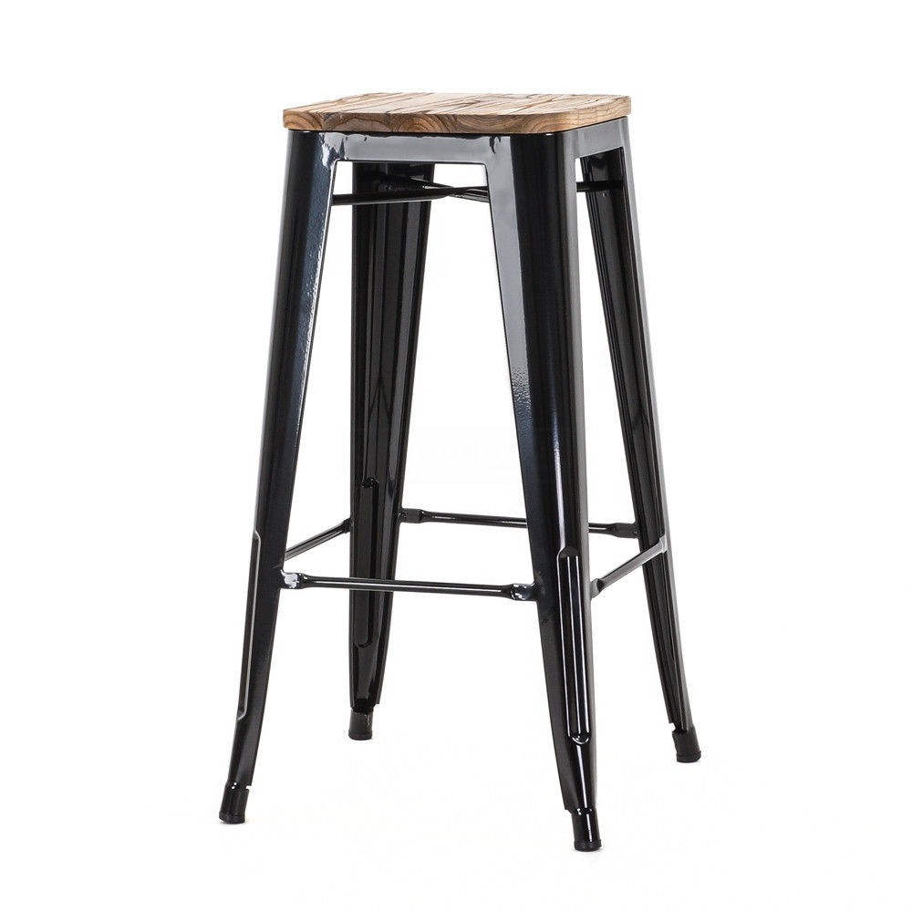 Metalen barkruk Café met houten zitting (zithoogte 77 cm) Zwart