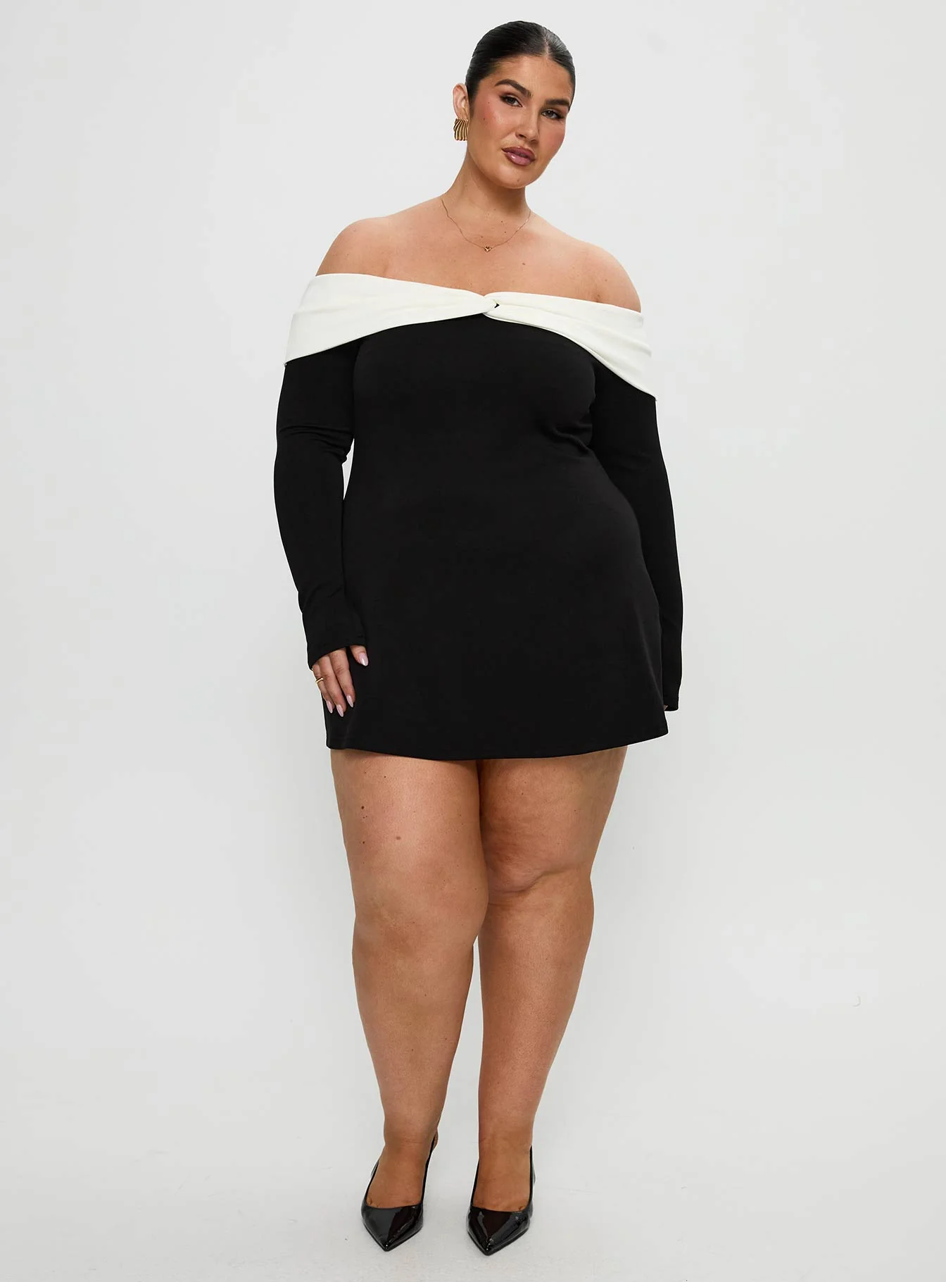 Distractions Off Shoulder Long Sleeve Mini Dress Multi Curve