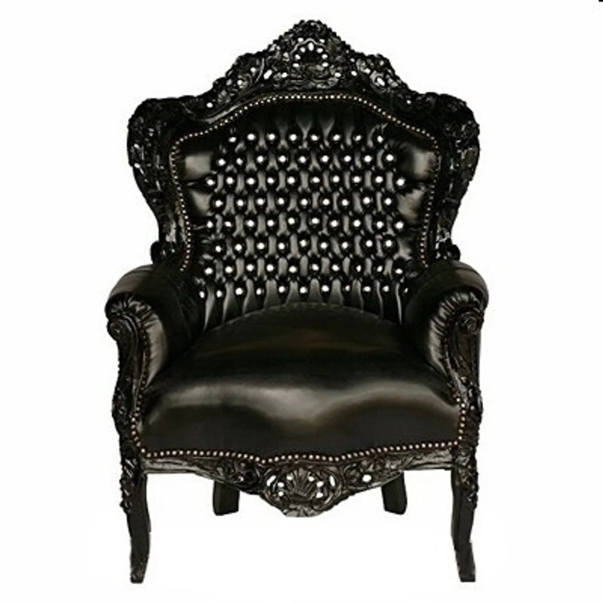 Baroque armchair King black/black leather look with bling bling rhinestones