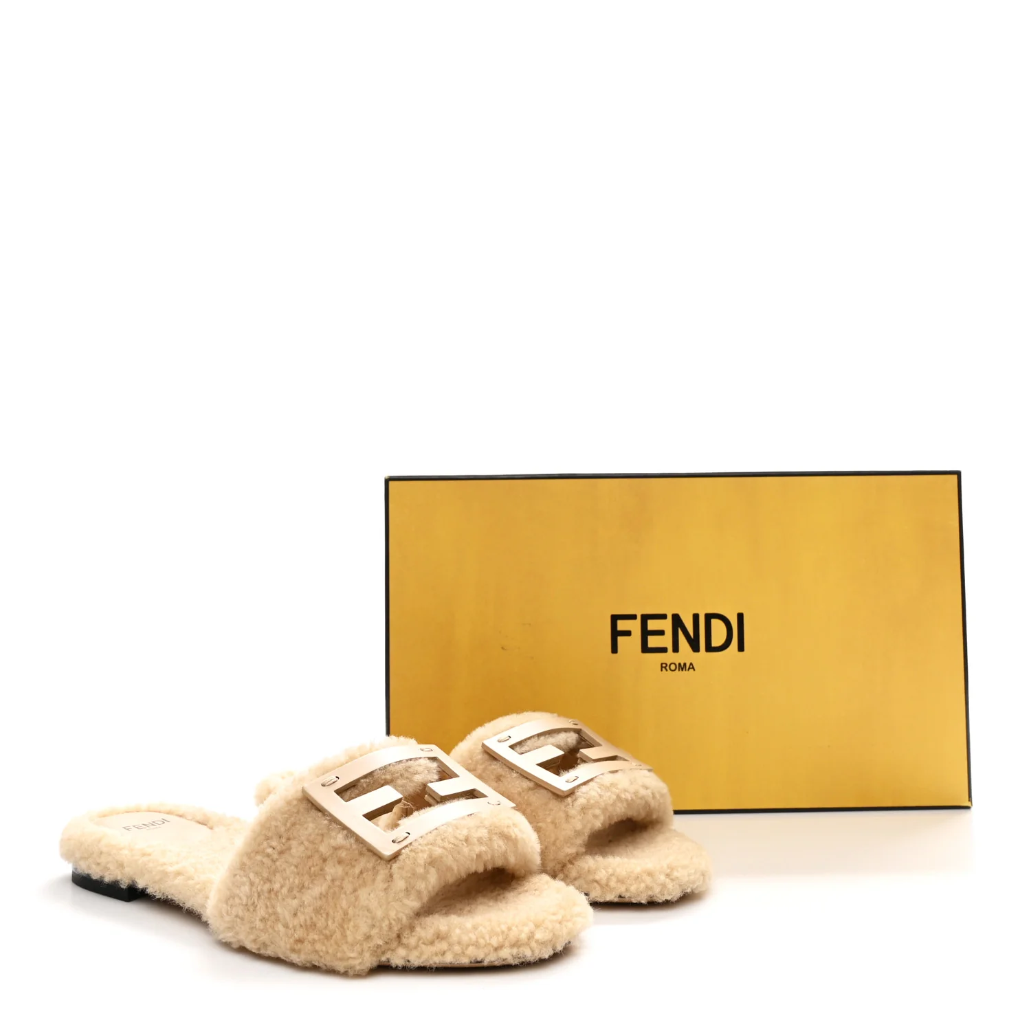 Shearling FF Baguette Slide Sandals 37 Beige Naturale - Top Club